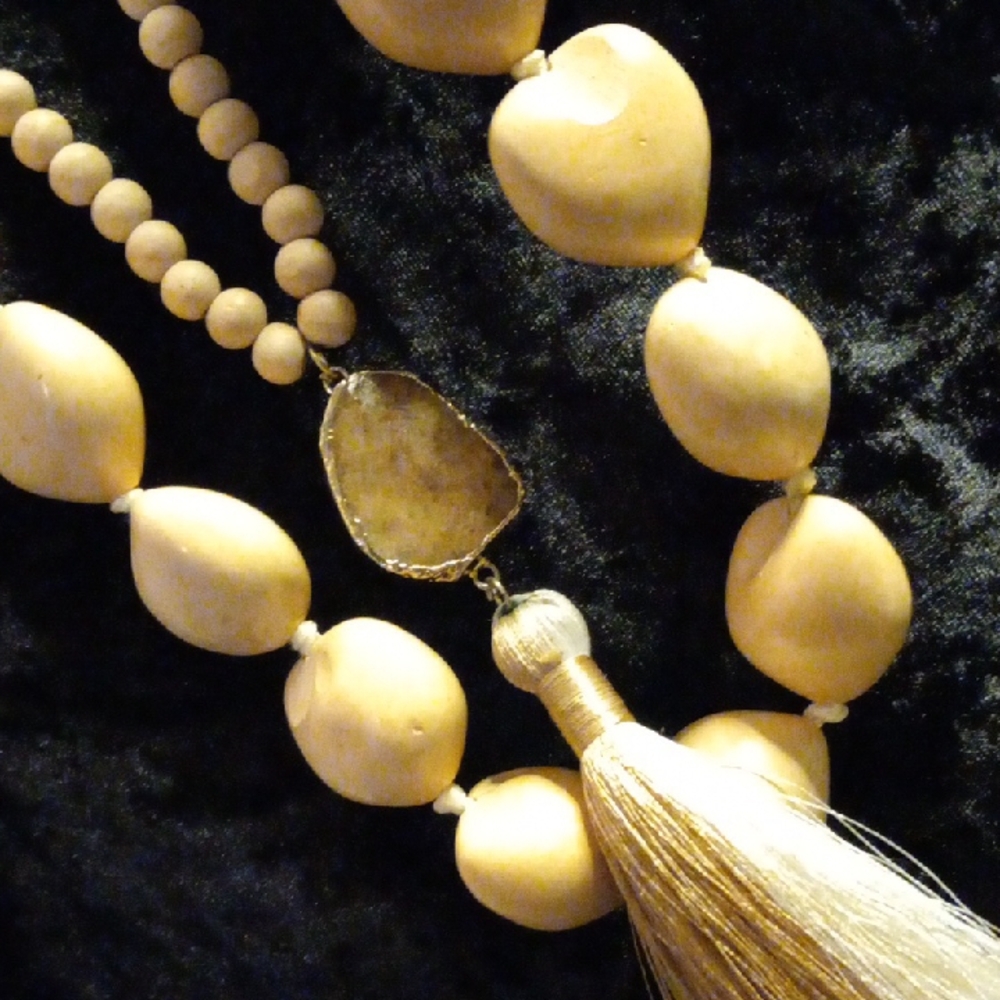 Elegant Beige Beaded Necklace with druzy Stone Tassel. 40 In Long